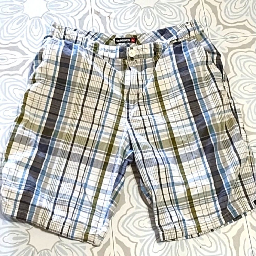 Mens Quiksilver Plaid Shorts Sz 34 Blue Green Gray Summer Beach Wear